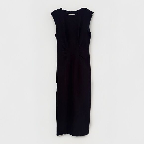 Zara Long Dress Women Sz M Black Sleeveless Crew Neck Pencil Stretch Minimalist - Picture 1 of 11